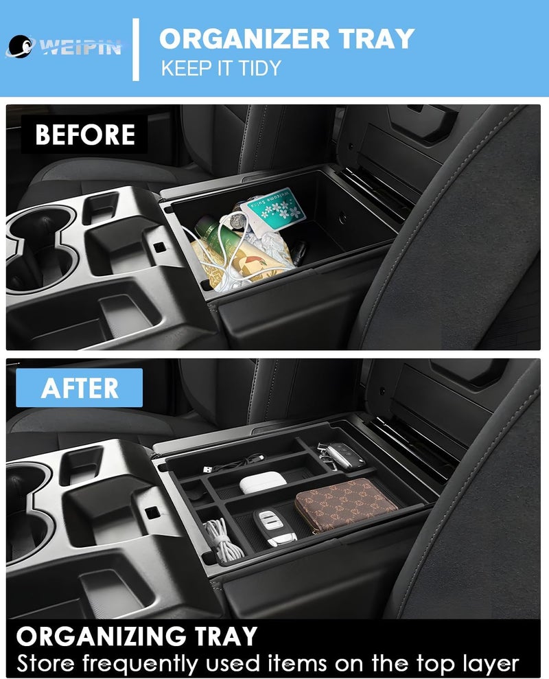 WEIPIN for Center Console Tray Compatible with 2019-2026 Chevy Silverado 1500& 2020-2026 Silverado 2500HD 3500HD (Split-Bench Folding Seat) Armrest Storage Box Console Organizer ABS Materials - Image 3